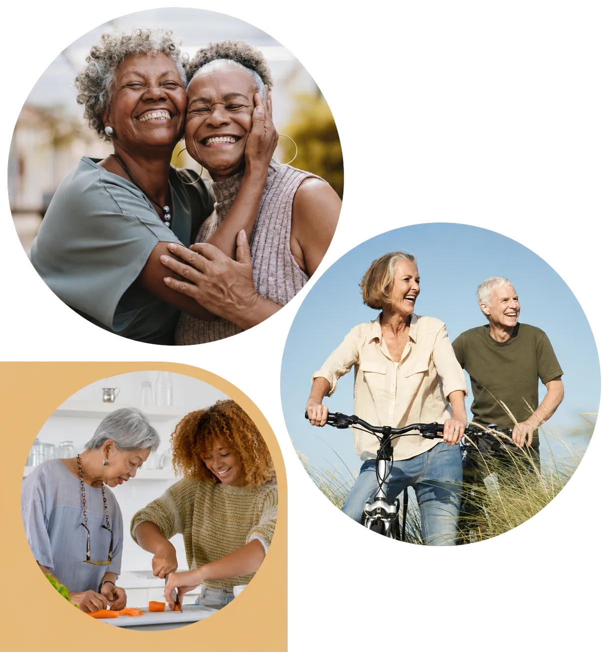 A collage of older adults, caregivers, and active senior living moments